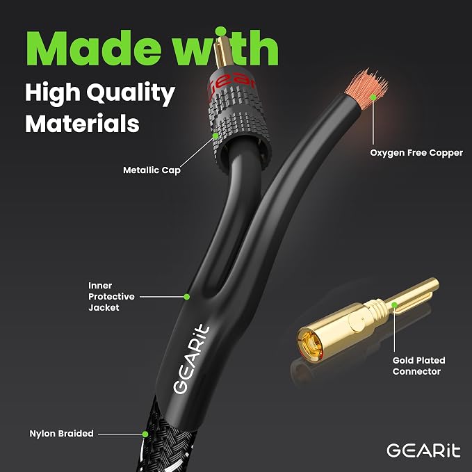 GEARit 12 Gauge Speaker Cable with Banana Plugs 6 ft,CL2 Rated OFC Speaker Wire with Gold-Plated Tips,Braided Speaker Wire for Audiophiles,Hi-Fi Systems,Home Theater,Amplifiers & Speakers(Black)