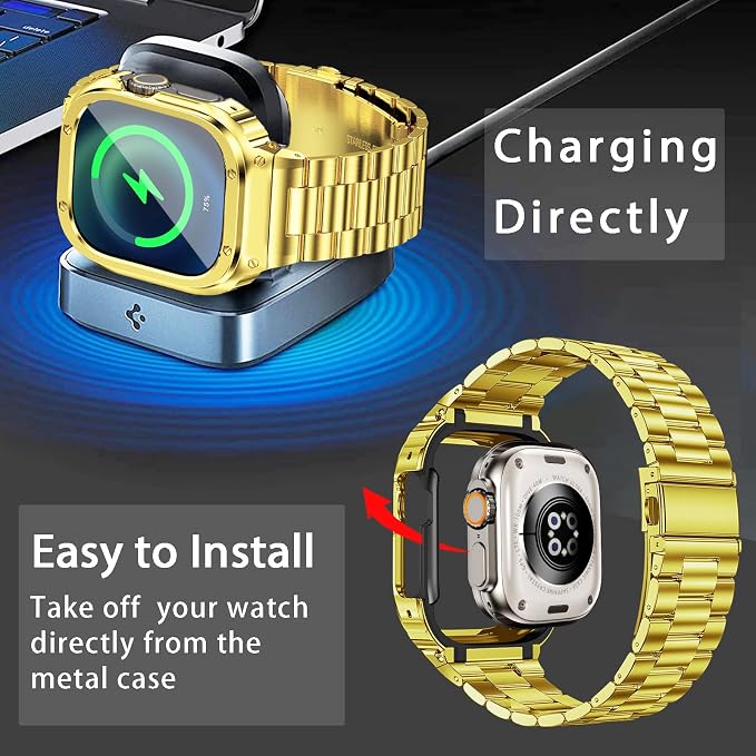 MioHHR Stainless Steel Band and Case Compatible with Apple Watch Band 49mm, Men Metal Protective Bumper Cover for iWatch Series Ultra 3/2/1, Gold