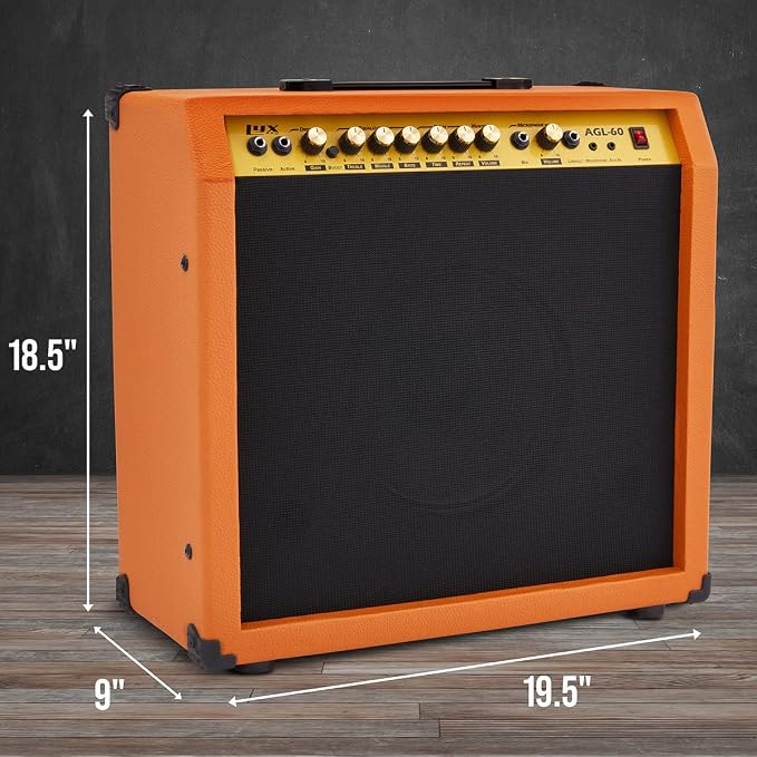 LyxPro 60 Watt Electric Guitar Amplifier, Combo Solid State Studio & Stage Amp with 10” 4-Ohm Speaker, Custom EQ Controls, Drive, Delay, ¼” Passive/Active/Mic Inputs, Aux In & Headphone Jack-Mahogany