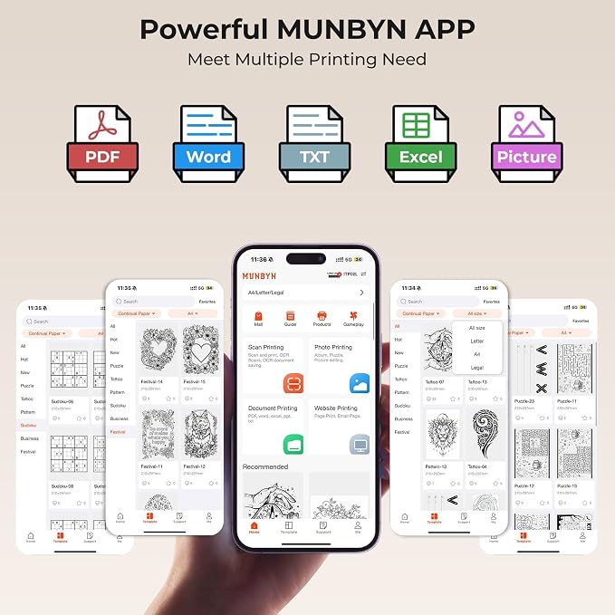 MUNBYN Portable Printer Wireless for Travel, Small Bluetooth Inkless Thermal Printer Support 8.5 x 11 US Letter & A4, Compatible with Laptop, macOS,Windows, Android & iOS for Car,Home Office & School