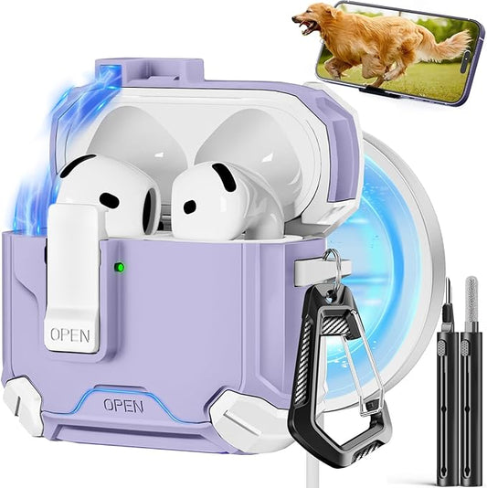 Pohgelan Compatible with AirPods 4 Case,Magnetic Automatic Lock with Phone Stand & Cleaning Kit,Compatible with Magsafe Cover -s-Purple