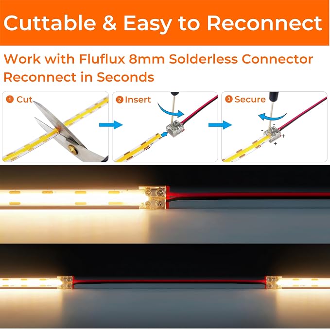 Candlelight COB LED Strip Lights 2400K, 3W/FT, 32.8FT 24V LED Tape Light with 3M VHB Backing, CRI 95, UL Listed, Cuttable, Dimmable, Bendable for Bars, Restaurants, Relaxing (NO Power Supply)