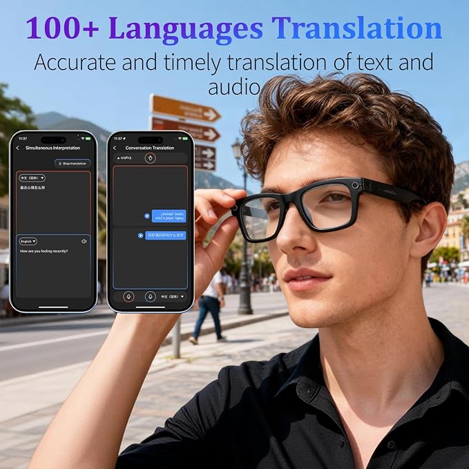 AI Smart Glasses with 8MP Camera, 1080P Video & HD Photo, Bluetooth Audio, AI Voice Assistant, Real-Time Translation, Object Recognition, Noise-Cancel Calls, Photochromic +2 Sunglasses Lenses