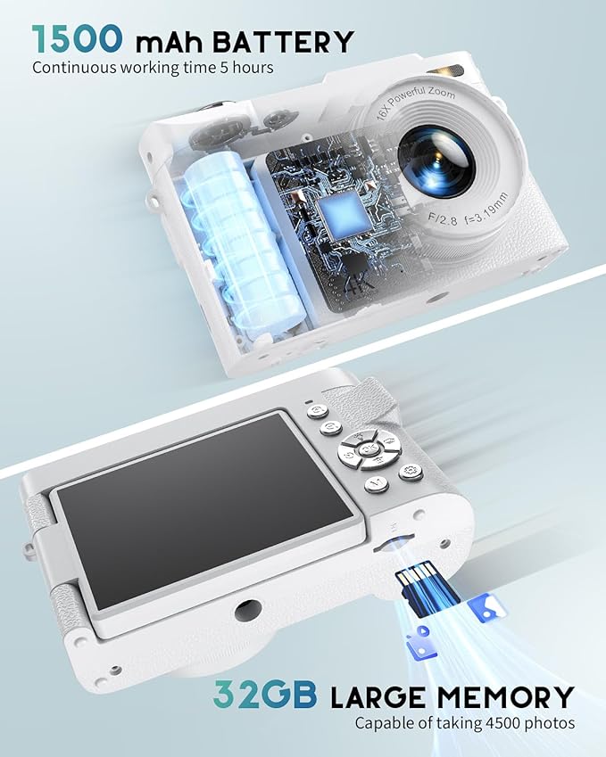 4K Digital Camera for Photography, 50MP Vlogging Camera for YouTube, Compact Cameras with 2.8" 180° Flip Screen, 16X Digital Zoom, Point and Shoot Camera with 32GB SD for Beginners, Travel, White