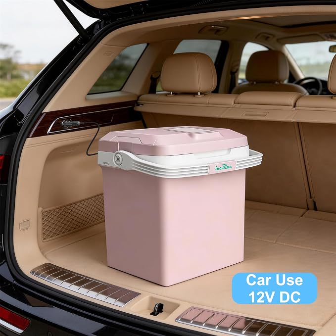 Iceblue Electric Cooler, 26 Liters/28 Cans Mini Fridge with Automatic Locking Handle, 120V AC Home Power Cord & 12V Car Adapter Car Refrigerator, Car Fridge for Home, Car, Gift - Pink