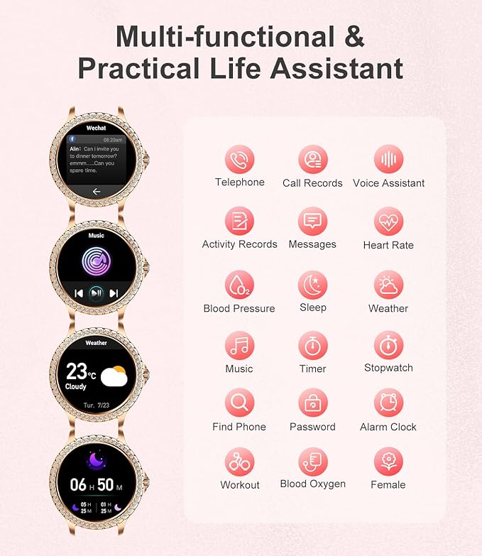 LIGE Smart Watch for Women(Answer/Make Calls),1.3"HD Diamonds Luxury Smartwatch for Android iPhone Phones,Fitness Trackers with 20+ Sport Modes/Heart Rate/IP68 Waterproof/SpO2/Sleep Monitor,Rose gold