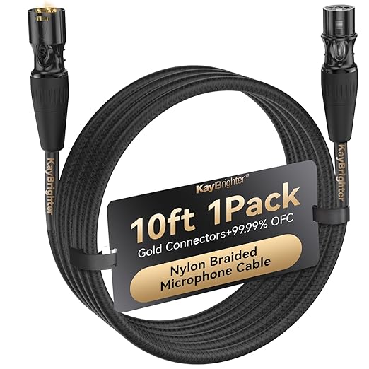 Microphone XLR Cable 10ft 1-Pack, 3-Pin Gold Plated Rean-Neutrik Connectors, 99.99% OFC Mic Cord, Nylon Braided Premium Male to Female XLR Microphone Cable for Mixer Interface
