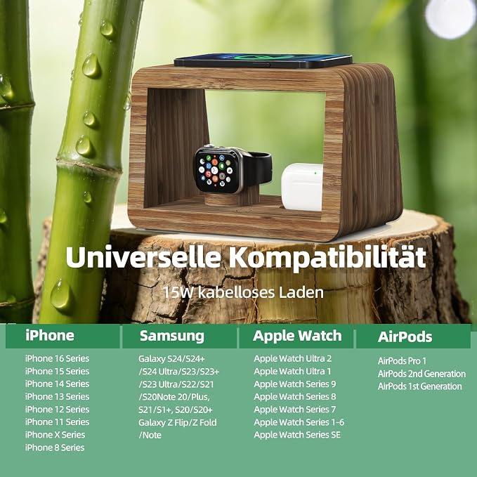 4 in 1 Bamboo Charging Station for Multiple Devices, 15W Fast Wireless Charger with Stepless Dimmable Night Light, Wood Style Dock Compatible with iPhone/iWatch/AirPods