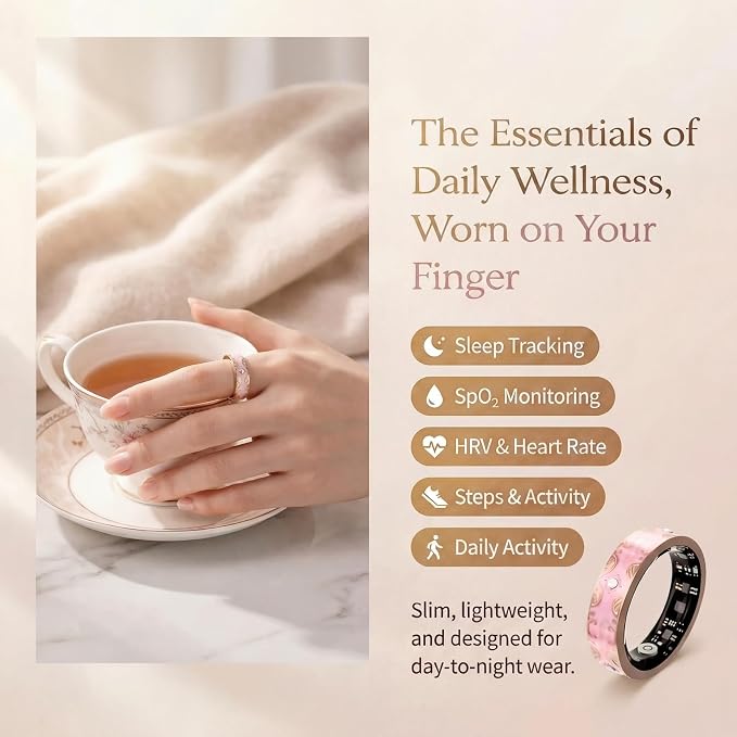 Smart Ring for Women, Sleep Tracker and Health Ring with Heart Rate, SpO2, HRV, Multi-Sport Tracking, IP68 Waterproof, Jewelry-Inspired Design, No Subscription, for iOS and Android (White, 9#)