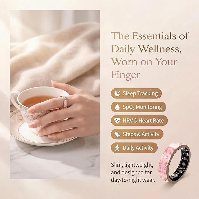 Smart Ring for Women, Sleep Tracker and Health Ring with Heart Rate, SpO2, HRV, Multi-Sport Tracking, IP68 Waterproof, Jewelry-Inspired Design, No Subscription, for iOS and Android (White, 7#)