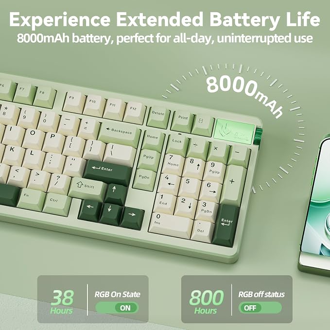 CORBOBO LEOBOG A98-96% Mechanical Keyboard Wireless, Tri-Mode BT5.0/2.4GHz/USB-C, Creamy Keyboard with Number Pad, Gasket Structure Hot Swappable, RGB Backlit Green Gaming Keyboards with Knob for PC