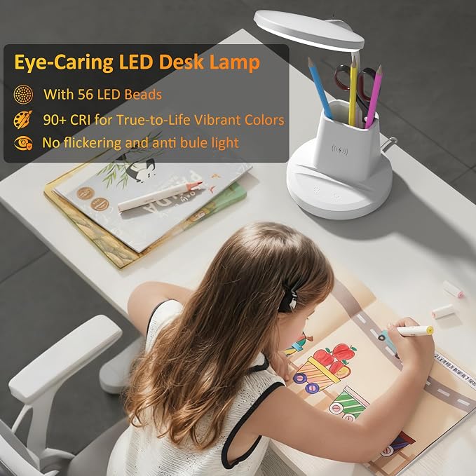 Desk Lamp for Home Office, LED Desk Lamp with Wireless Charger Pen Phone Holder, Dimmable Desk Light 3 Color Modes, College Dorm Study Lamp for College Dorm, CRI 90 800 Lumen