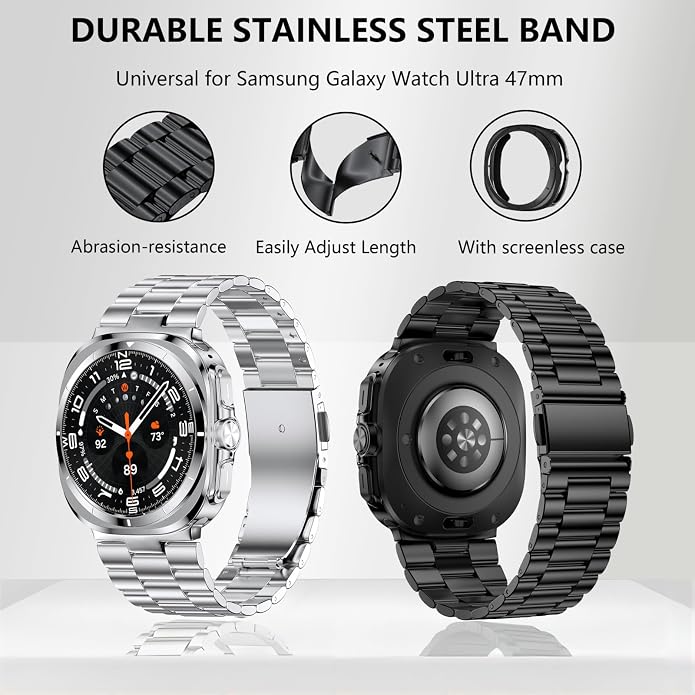 Stainless Steel Metal Band Compatible Samsung Galaxy Watch Ultra 47mm(2025 2024) with Case,Replacement Business 22mm Strap for Galaxy Watch 7 8 Ultra for Men (black+silver)