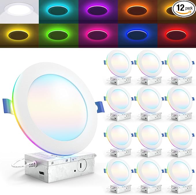 Sunco 12 Pack 6 Inch Smart Ultra Thin LED Recessed Ceiling Lights with Night Light, Tunable CCT 2700K to 6000K, Dimmable, 15W, Smooth Trim, Canless with Junction Box