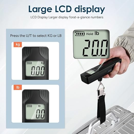 Battery-Free Luggage Scale – No Batteries Needed, Portable Digital Hanging Suitcase Weight Scale for Air Travel & Checked Bags, 110lb/50kg, LCD Display, Compact Travel Accessory