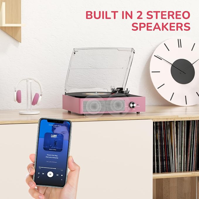 Record Player with Speakers Belt-Driven Vintage Turntables 3 Speed 3 Size Wireless Bluetooth Playback AUX-in RCA Out Headphone LP Vinyl Players Auto Stop Purple Pink