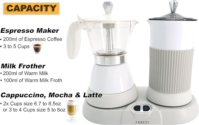 FUOCCI Electric Moka Pot with Milk Frother – 3-Cup (150 ml) Modern Espresso Maker for Coffee, Cappuccino, Latte, Mocha & Cuban, White