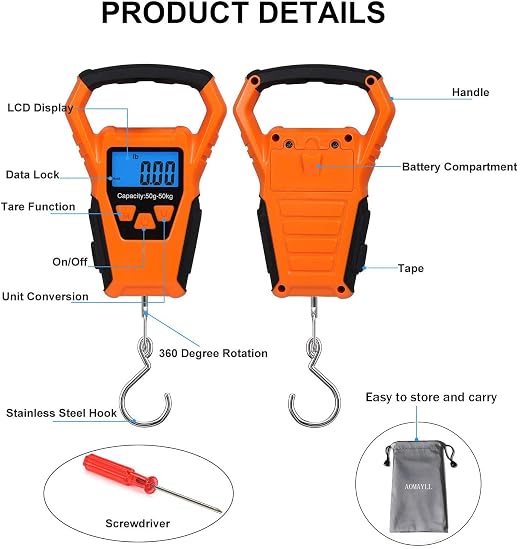 Waterproof Fishing Scale with Ruler, Luggage Scale, Weight Hanging Hook Scale,110lb/50KG-Backlit LCD Display.Waterprof Bag and 2 AAA Batteries Included (Orange)