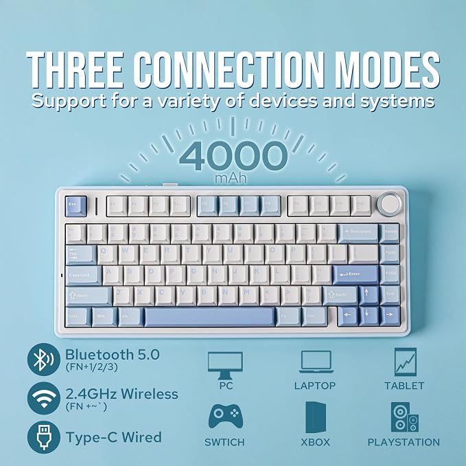 EPOMAKER x Aula F75 Gasket Mechanical Keyboard, 75% Wireless Hot Swappable Gaming Keyboard with Five-Layer Padding&Knob, BT/2.4GHz/USB-C, RGB (Sea Salt Blue, Ice Vein Switch)
