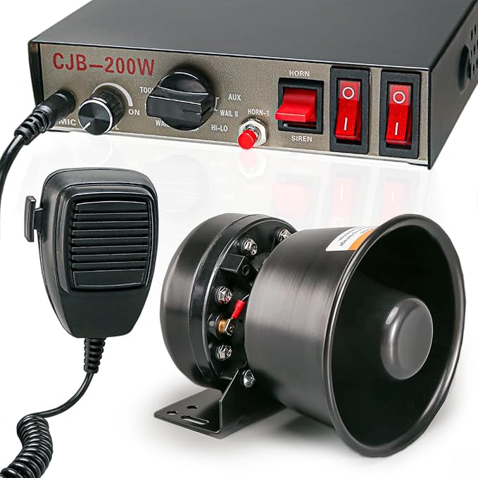 12V 200W 9 Tones Police Warning Emergency Siren PA System [Black Steel Speaker][125-135dB][Handheld Microphone][Hands-Free][2 x 10A Switches] for Firefighter Ambulance Vehicles Truck SUV ATV UTV