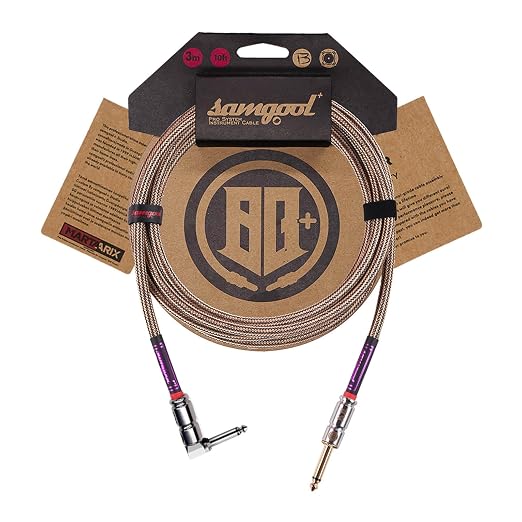 15ft Guitar Cable, 1/4 Inch Straight/Angle Instrument Cable, Electric Cord Amp Cord for Bass Guitar Amp and Instruments (Champagne & Black Braided BG.XII)