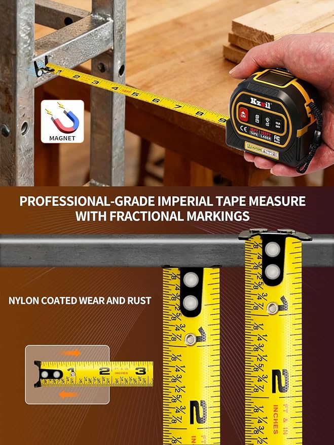 4-in-1 Tape Measure 196ft Laser Tape Measure 16ft Manual Tape with Fractional Readouts, Laser Measuring Tool with Backlit LCD, Magnetic Hook & Base - Area/Volume, for Woodworking & DIY