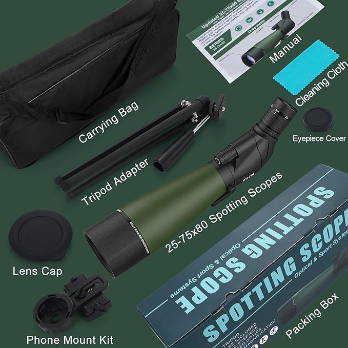 WOZEL 25-75x80 Spotting Scope with Tripod - Phone Adapter & Carrying Bag Included, HD BAK4 Prism Waterproof Spotter Scope for Target Shooting, Bird Watching & Wildlife Viewing
