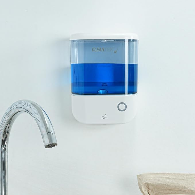 Restaurantware-Clean Tek Professional 34 Ounce Automated Soap Dispenser, 1 Touchless Wall-Mountable Soap Dispenser - Security Key, Arctic Blue Plastic Soap Dispenser, Transparent, for Liquid Soap