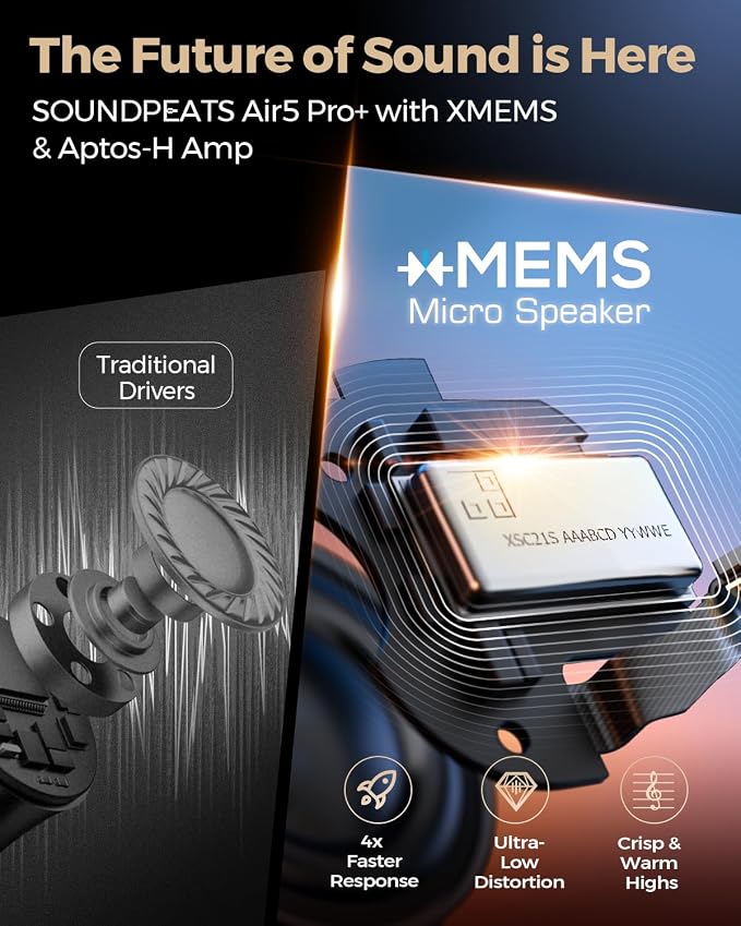 SoundPEATS Air5 Pro+ Wireless Earbuds, LDAC & aptX Lossless, xMEMS Warm Treble Hi-Res Audio, Hybrid Driver Earbuds with 10mm Composite Speaker, 55dB AI Adaptive ANC, Bluetooth 5.4, Weightless Comfort