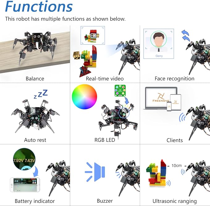 Freenove Big Hexapod Robot Kit for Raspberry Pi 5 4 B 3 B+ Zero 2 W, Walking, Self Balancing, Face Recognition, Ultrasonic Ranging, App Control, Camera, Servo (Raspberry Pi NOT Included)