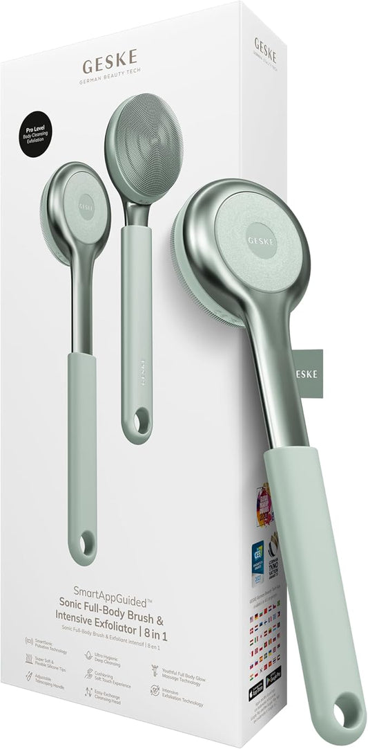 GESKE Sonic Full-Body Brush & Intensive Exfoliator | 8 in 1 | Electric Body Cleansing Brush | With SmartSonic Pulsations | Deep Cleansing, Exfoliation, Massage | Extendable Handle | Rough Skin Remover