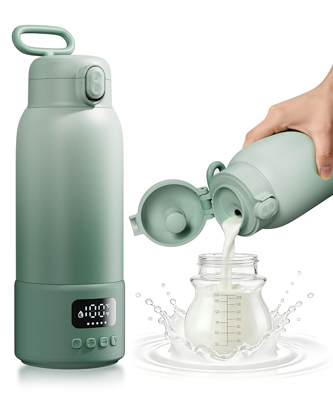 Portable Bottle Warmer for Travel, 17oz Large Capacity, 2-Min Fast Heating, Keep Warm Function, Long Battery Life, Ideal for Heating Breast Milk and Water On-the-Go, Green