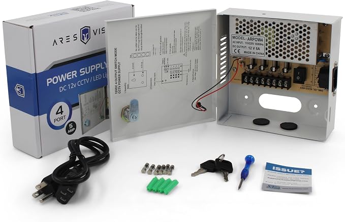 4 Channel/Port 5 AMPS, 12V DC Power Supply Box, Individually Fused for CCTV, LED, and All 12v DC Devices. Includes Screw Drivers & Extra fuses