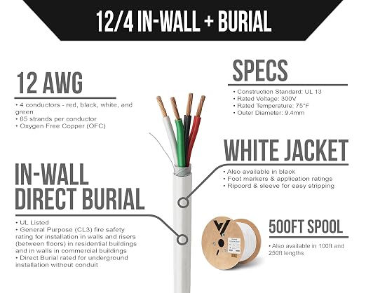 Voltive 12/4 Speaker Wire, in-Wall CL3 & Direct Burial, White, 500ft - 12AWG, 4 Conductors, Stranded Oxygen-Free Copper, UL Listed - V-1207-6