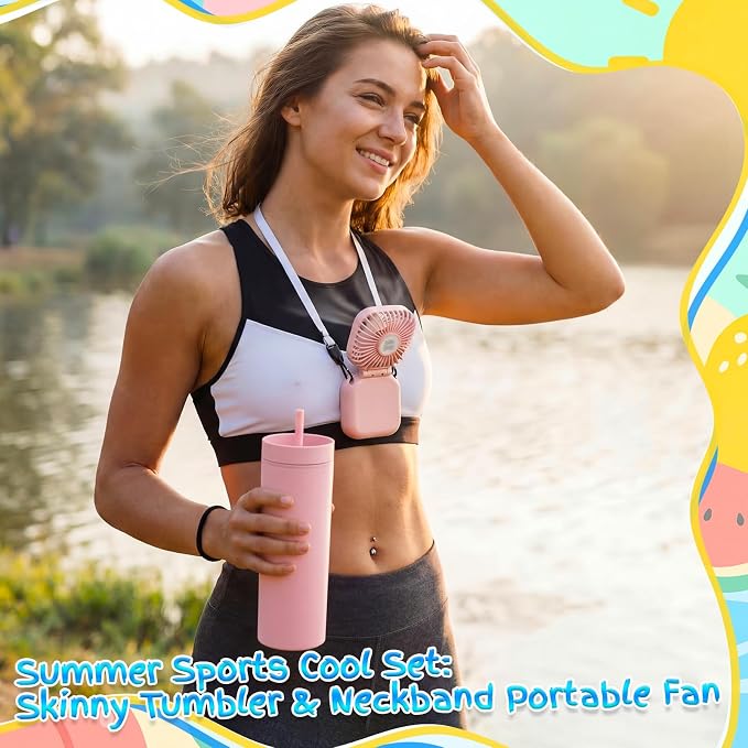 Reallnaive 6 Pcs Skinny Tumbler Bulk and Mini Portable Fans Set for Summer, 16 oz Plastic Cups with Lids Straws and Small USB Rechargeable Handheld Fan for Cooling Gift (Pink,Light Blue,Turquoise)