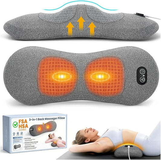 3-in-1 Electric Lumbar Support Pillow - FSA Eligible HSA Eligible, Triple Fusion Back Massager with Heat, Vibration and Tractionage, Lower Back Massager for Pain Relief Deep Tissue, Grey
