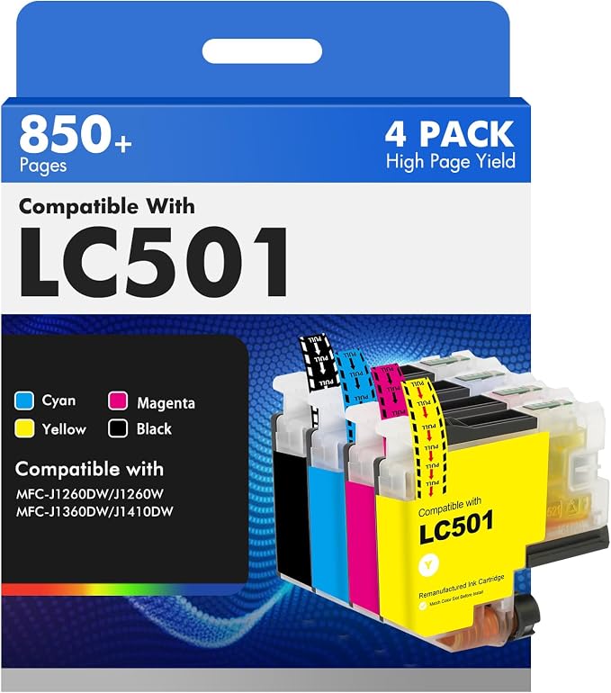 LC501 MFC-J1360DW Ink Cartridges for Brother Printer LC501XL LC 501 Series Inks for Brother Work Smart 1360 MFC-J1260W MFC-J1260DW MFC-J1410DW MFCJ1360DW MFC J1360DW (4Pack Black Cyan Magenta Yellow)