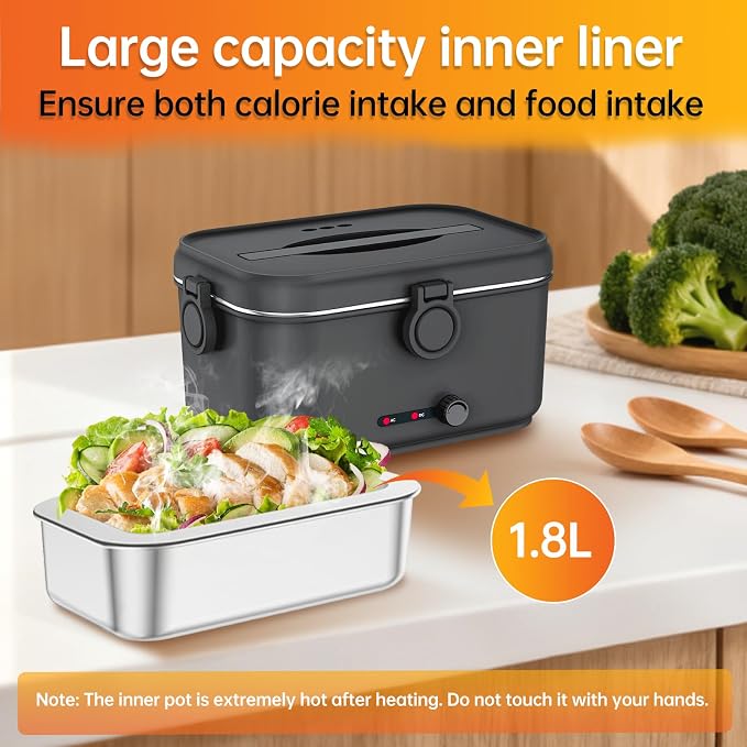 Heated Electric Lunch Box for Adults, 80W Portable Food Warmer with 1.8L Stainless Steel Container, Utensils, Carry Bag & Leakproof Lid, 12V/24V Car/Truck & 110/120V Home/Office (Black)