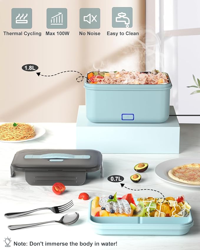 Monteka Electric Lunch Box Food Heater, New 100W High Power Portable Food Warmer, Heated Lunch Box for Adults Car/Home with 1.8L Removable Stainless Steel Container, 12V/24V/110V/220V