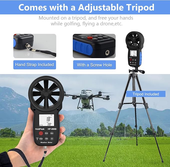 HoldPeak Handheld Anemometer Bluetooth with Tripod, Digital Wind Speed Gauge Meter, Air Flow Velocity Temperature CFM Measuring Device for HVAC Outdoor Sailing Shooting Golf, 866B-APP