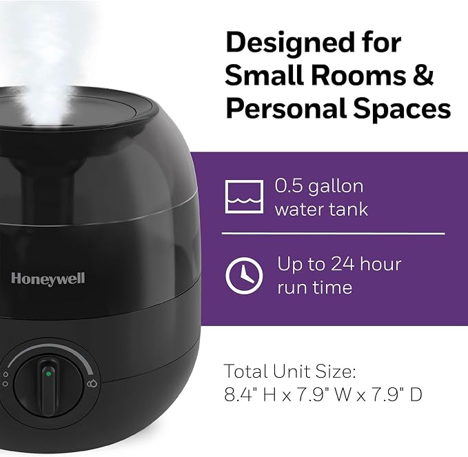 Honeywell Small Compact Ultrasonic Mini Cool Mist Humidifier with Adjustable Mist Control and Essential Oil Tray for Indoor Humidity, Black