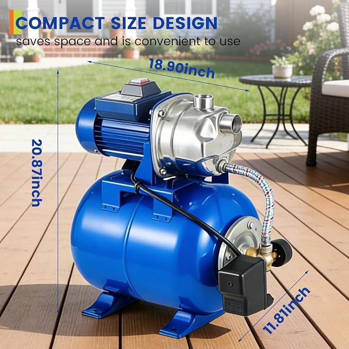 Garvee 1.6 HP Shallow Well Pump with Pressure Tank, 1320 GPH, Water Jet Irrigation Pump, Automatic Pressure Switch, Stainless Steel, for Home, Farm, Garden & Yard, Blue
