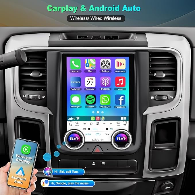 for Dodge Ram 1500/2500/3500 Manual AC Android 13 Car Radio 8-core, 10.4 Inch IPS Touch Screen Car Stereo with Wireless Carplay/Android Auto,GPS, WiFi, Bluetooth, FM, DVR