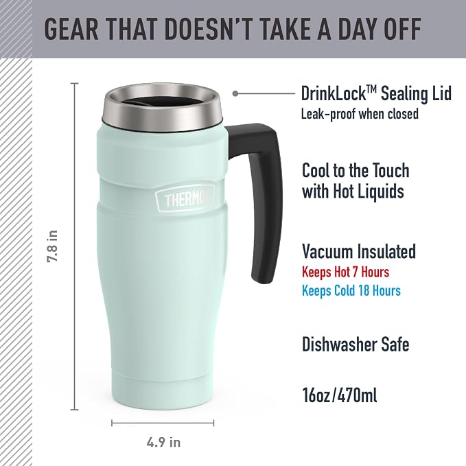THERMOS Stainless King Vacuum-Insulated Travel Mug with Handle - 16oz, Matte Light Blue Tumbler for Hot & Cold Drinks - Leak & Sweat-Proof Stainless Steel Coffee Mug with Lid for Commuting