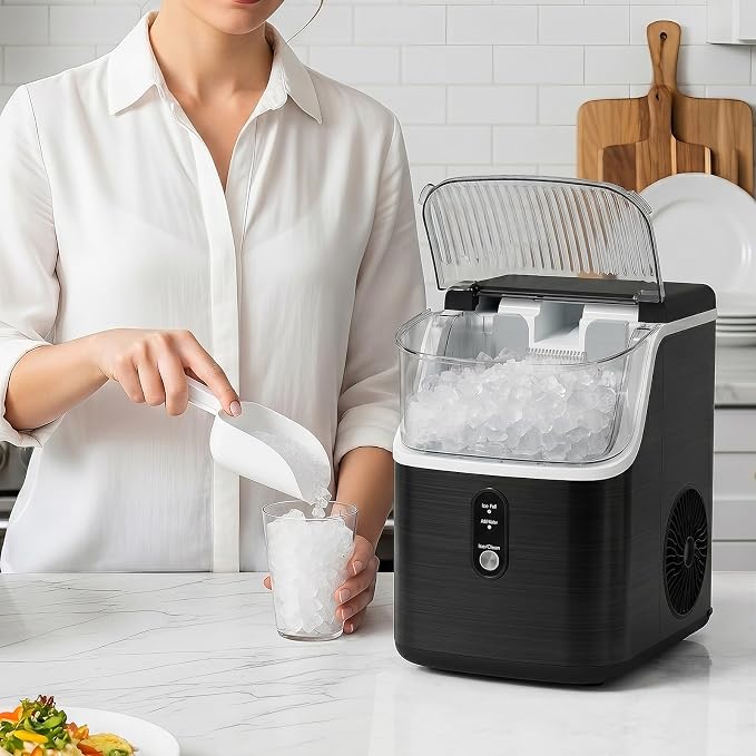 Antarctic Star Nugget Ice Makers Countertop with Self-Cleaning, 35lbs/24H, Portable Sonic Ice Maker Machine with Handle/Basket/Scoop for Home, Kitchen, Office, Camping(Black)