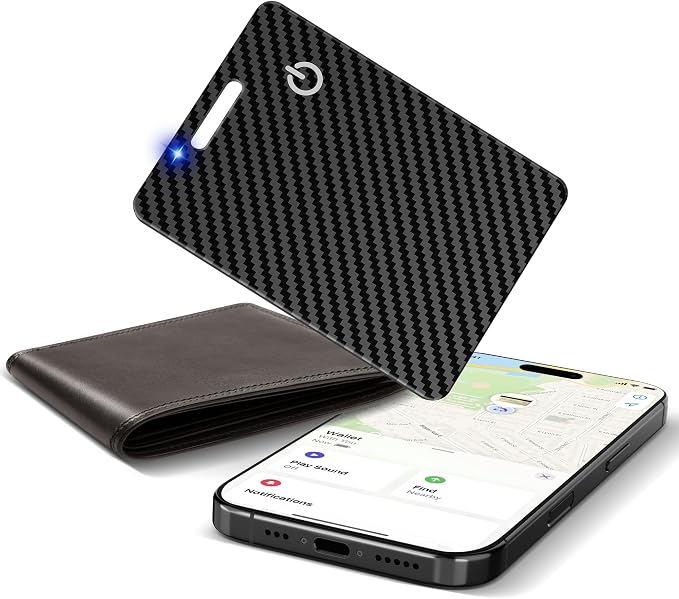 Wallet Tracker Card (iOS Only), Rechargeable Smart Card Wallet Tracker Works for Apple Find My, Thin Bluetooth Tracking Card GPS Tracker, Key Finder for Keys, Bags, Passport, Carbon Fiber
