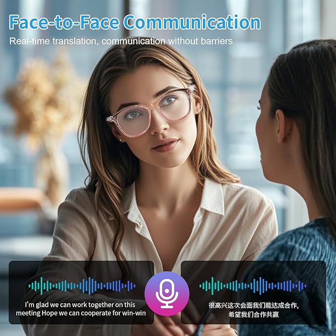 AI Glasses for Women Men, Smart Glasses with Real-Time Translation, Open Ear Blue Light Filtering Lenses, Supports 160+ Languages & Accents, Bluetooth Glasses for Travel Meeting Trade Business