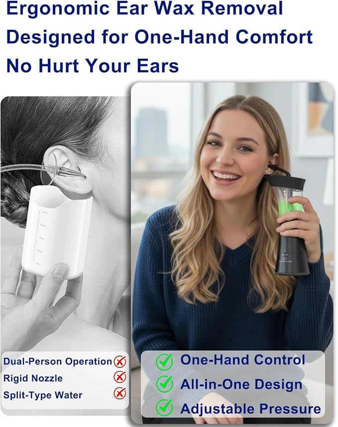 Upgraded Electric Ear Cleaner - Ear Irrigation Flushing System with 4 Pressure Mode, Temp Sensor, 16PSI, IPX7, 6 Replacement Nozzle, One-Hand Control Ear Cleaning Tool with Wastewater Separation