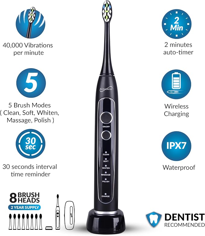 Supersonic TB-5100 Sonic Zoom Advanced Whitening Electric Toothbrush | 40,000 VPM | Wireless Charging | 5 Cleaning Modes | 8 Brush Heads | Auto Timer | Travel Case | Black