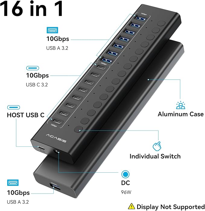 Powered USB 3.2 Hub, ACASIS 16 Ports USB 3.2 Hub(8 USB-A 3.2 Ports+8 USB-C 3.2 Ports), Aluminum USB Hub Powered with 96W Power Adapter, USB Hub for PC/Laptop, Computer, Flash Drive, Printer, Camera
